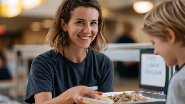 Elementary cafeteria aide smiles while placing a warm entree on the tray of a child who whispers a shy thank you, a hand-lettered free lunch program sign visible behind the