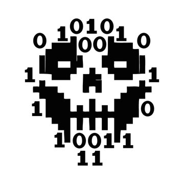 Binary code skull, pixelated face, digital skeleton, black and white