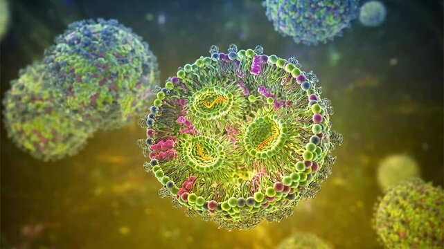 Lipid nanoparticle mRNA vaccine used against Covid-19 and influenza. 3D animation showing cross-section of lipid nanoparticle carrying mRNA of the virus (orange)