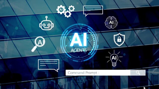 Futuristic Concept of AI Agents with Brain, Robot, Security, and Chat Bubbles on Modern Blue Background Representing Technology Frontiers. Entropy.