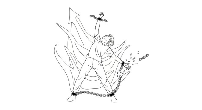 A man breaking free from heavy iron chains symbolizing liberation and personal freedom.