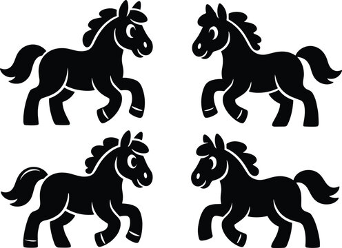 Set of four cute cartoon horse silhouettes isolated on white background, playful pony mascot icons for kids design, farm animal illustration collection pack