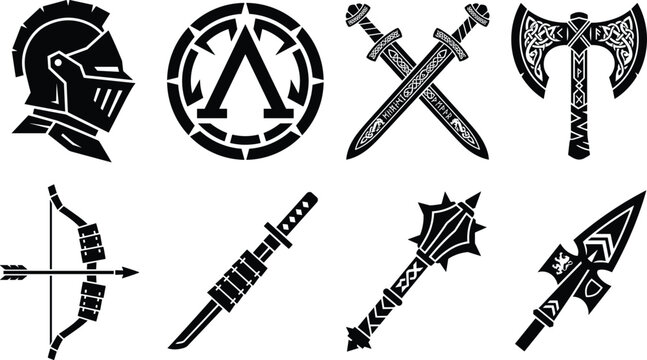 Medieval Weapons and Fantasy Symbols Icons with Knight Helmet, Swords, Axe, and Spear Illustrations