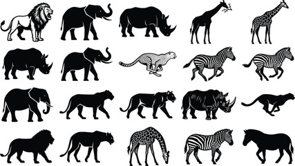 WebBlack silhouettes and detailed vector illustrations of African safari wild animals isolated on white background © Abdullah