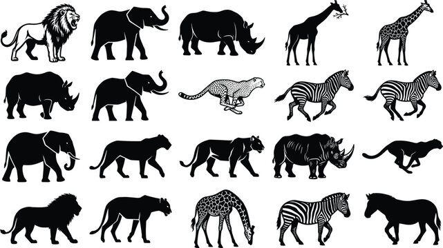 WebBlack silhouettes and detailed vector illustrations of African safari wild animals isolated on white background
