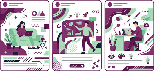 Obraz premium Social Media Post Template Set Showing Remote Work Business Presentation and Creative Design Scenes for Content Creators