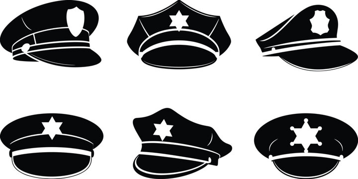 Police officer hat silhouette collection with different styles of law enforcement caps, security uniform headwear icons isolated on white background illustration set