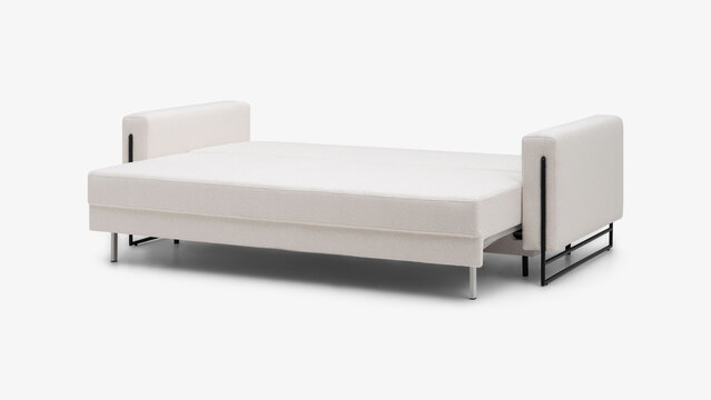 Convertible white sofa bed with black metal frame in flat sleeping position