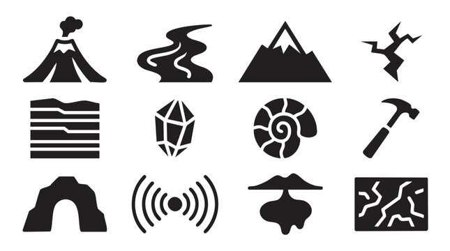 Black geology icons, rock and landform symbols, earth science graphics, 10 vector elements