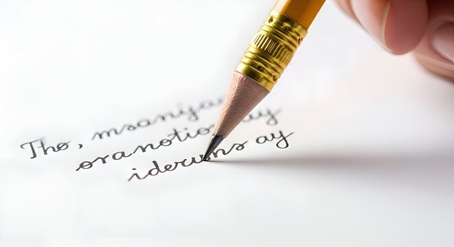 Close-up of pencil writing on paper, creative process