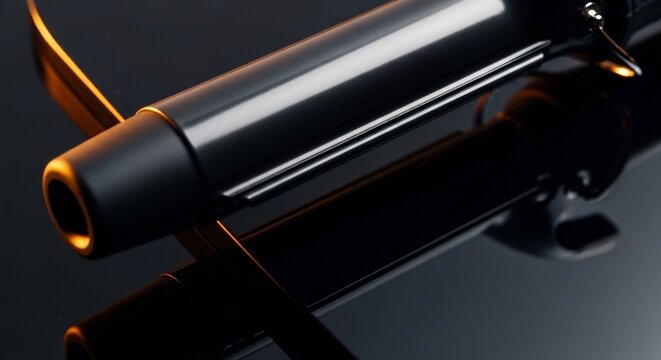 Closeup of a sleek black motorcycle exhaust pipe with orange accents on dark background