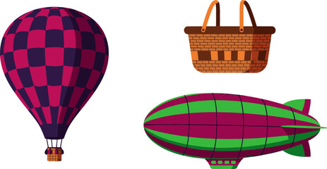 Aviation and Air Travel Vector Set with Checkered Hot Air Balloon Woven Wicker Basket and Striped Dirigible Zeppelin Blimp Icons © MdMohsin