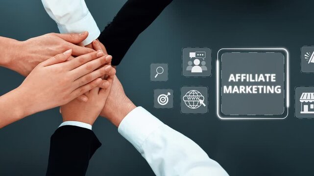 A dynamic image illustrating teamwork in affiliate marketing with diverse hands joining together, symbolizing unity and collaboration in business strategies for success. Raster