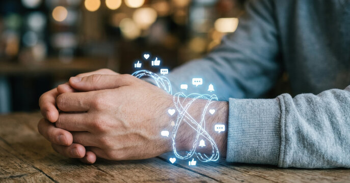 Person sitting with folded hands while a glowing smartphone timer projects digital pressure. Perfect for screen time awareness campaigns, technology addiction articles, or wellness editorials.