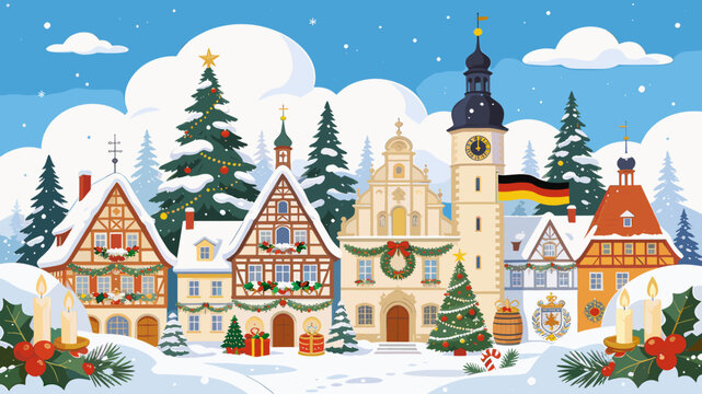 Charming snowy European town decorated for Christmas with traditional half-timbered houses and festive trees under a winter sky.