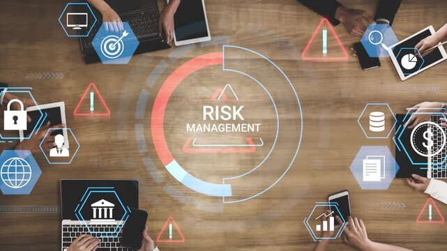 Business Team Collaborating on Risk Management Strategy with Digital Tools and Graphics Depicting Security, Finance, and Analysis Metrics. Entropy.