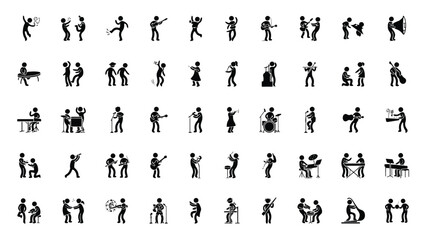 Naklejka premium Musician Stick Figure Silhouettes Collection – Jazz Band Vector Icons Set, Musical Instrument Performance Clipart