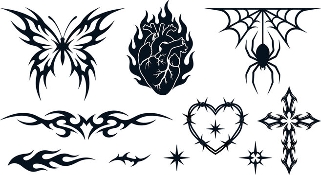 Y2K Tribal Tattoo Vector Element Set with Gothic Butterfly, Flaming Heart, Spider Web, Barbed Wire, Cross, and Starburst Symbols