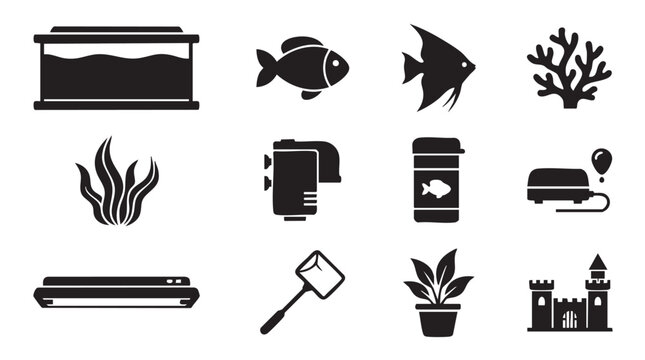Black icons set, aquarium, fish, plants, equipment, 12 vector graphics