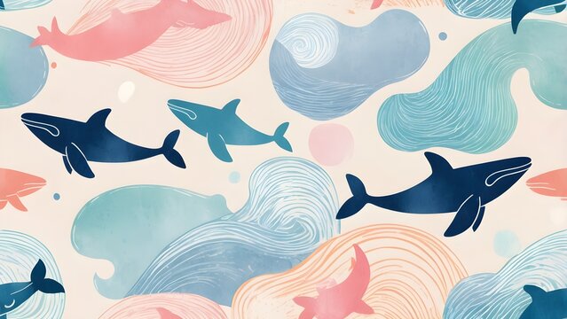 Cute watercolor seamless pattern with swimming whales and sharks in soft pastel ocean waves. Marine life illustration for kids.