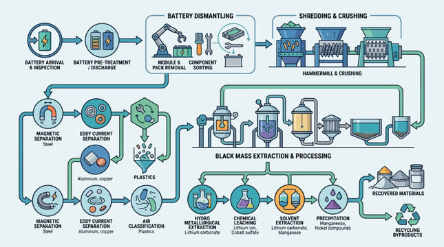 Lithium Ion Battery Recycling Process Infographic Diagram. EPS Editable