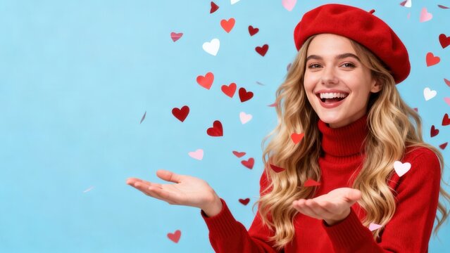 Woman in red outfit with heart confetti