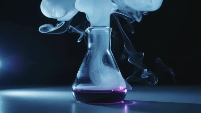 A glass flask with purple liquid emits white smoke in a dark environment. The scene highlights scientific experimentation and chemical reactions.