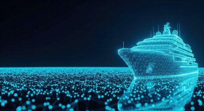A futuristic cruise ship sails through a sea of digital waves at night.