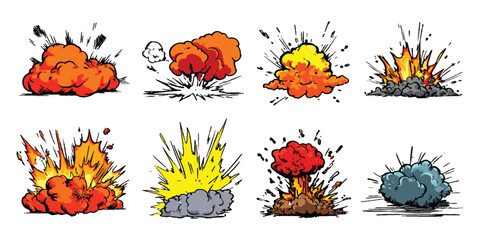 Set of colorful cartoon explosion and blast effects for comic book and animation design © vintage style