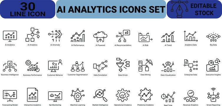 Advanced ai analytics icons set consisting of thirty line style graphics for predictive data modeling market intelligence and machine learning processes.
