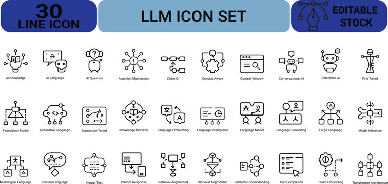 Llm icon set of 30 line icon for presentation user interface and website editable stock vector illustration.