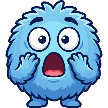A cartoon blue monster shows fear with hands up and mouth open wide.