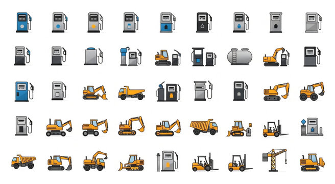 Construction vehicles and industrial equipment icons in a grid layout