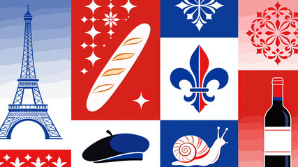 A vibrant collage showcasing iconic French cultural symbols like the Eiffel Tower, baguette, beret, wine, and fleur-de-lis, set against a patriotic red, white, and blue background. © Ngelus