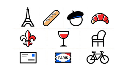 Collection of French culture and travel icons including the Eiffel Tower, baguette, beret, croissant, fleur-de-lis, wine, armchair, postcard, Paris sign, and bicycle. © Ngelus
