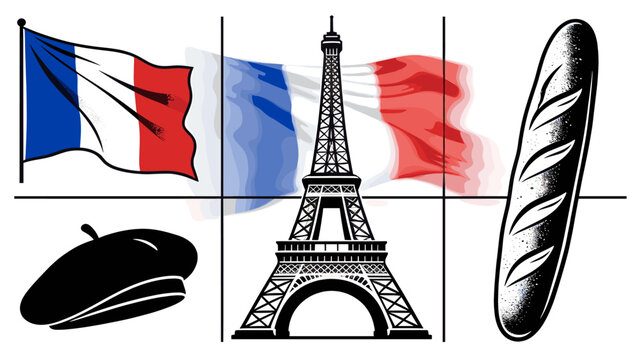 A collage of iconic French symbols including the waving tricolor flag, Eiffel Tower, a baguette, and a beret, representing French culture and travel.
