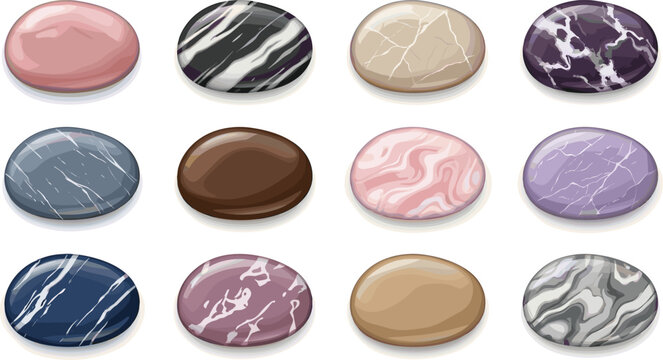 Polished spa stones and mineral gemstones vector set with smooth marble quartz amethyst and jasper rock pebbles isolated on white background for wellness design