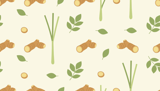 Seamless botanical pattern featuring aromatic rhizomes, lemongrass stalks, and verdant leaves over a light cream backdrop for culinary and wellness designs.