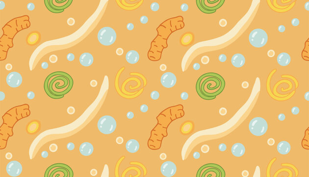 Seamless pattern of orange rhizomes with decorative emerald swirls and sky blue bubbles over a warm amber backdrop for wellness concepts.