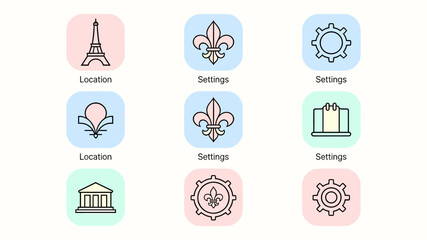 Fototapeta premium A grid of nine minimalist line art icons with pastel backgrounds, featuring symbols like the Eiffel Tower, fleur-de-lis, gears, and buildings, labeled as 'Location' or 'Settings'.