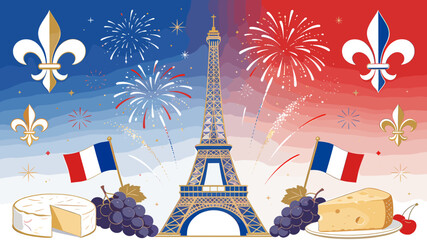 A vibrant illustration celebrating France with the Eiffel Tower, fireworks, French flags, fleur-de-lis symbols, grapes, and cheese. © Ngelus