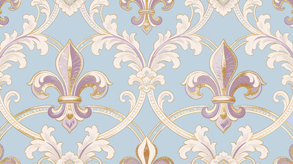 Fototapeta premium Elegant light blue wallpaper with a repeating pattern of ornate gold and purple fleur-de-lis motifs and scrolling acanthus leaves.