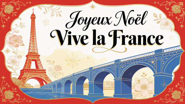 A festive vintage postcard design featuring the Eiffel Tower and a bridge, with the French greeting "Joyeux No&euml;l Vive la France".