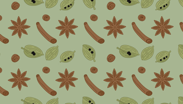 Aromatic spice seamless pattern with star anise, cinnamon sticks, cardamom pods, and nutmeg.
