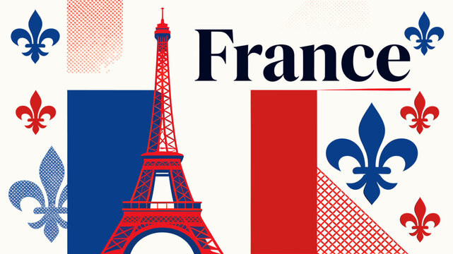 A vibrant illustration of the Eiffel Tower and the French flag, adorned with fleur-de-lis symbols, celebrating French culture and travel.