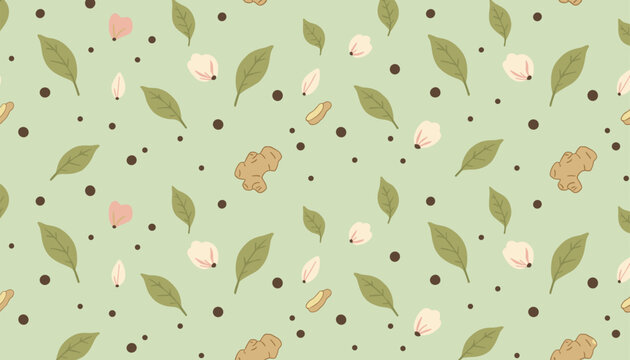 Ginger root and green tea leaf seamless pattern on light green background for organic product packaging.
