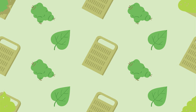 Wasabi root seamless pattern with green leaves and traditional graters on light green background.