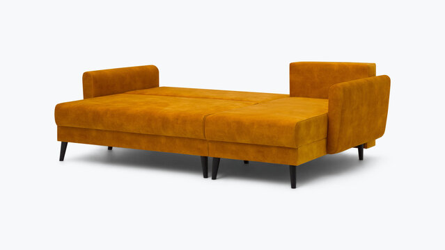 Mustard yellow velvet sofa bed extended for sleeping with black wooden