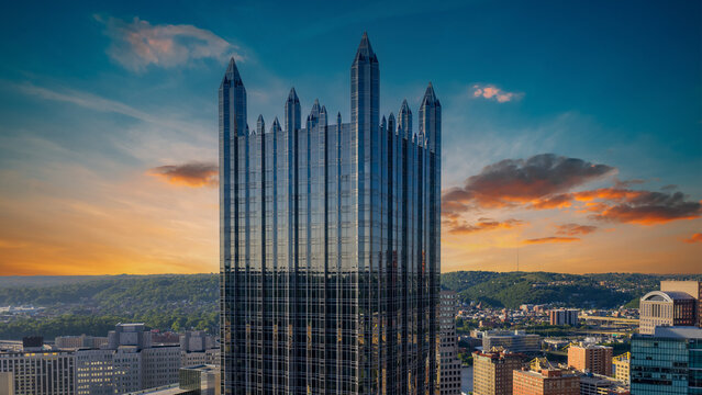 Aerial shot of Skyscrapers and office buildings in the skyline in Pittsburgh Pennsylvania USA