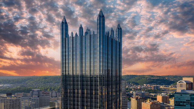 Aerial shot of Skyscrapers and office buildings in the skyline in Pittsburgh Pennsylvania USA